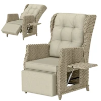 Outsunny Rattan Garden Recliner Chair, Reclining Garden Chair with Adjustable Back and Footrest, Flip Table, Cushion, Brown(m-1)