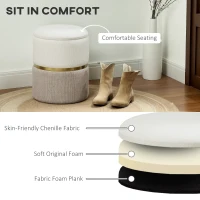 HOMCOM 36cm Round Storage Ottoman, Upholstered Chenille Footstool with Removable Lid, Vanity Stool for Living Room, Bedroom, Cream(m-5)