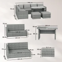 Outsunny 6 Seater Rattan Garden Furniture Set with 3 Sofas, 2 Footstools, Table, Patio Rattan Furniture Sofa Sets, Grey(m-3)