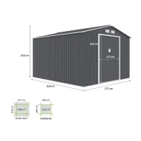 Abri de jardin en métal 8,84 m² - 277 x 319 x 202 cm - URANUS - Kit d'ancrage inclus, 2 portes coulissantes - Gris(m-4)