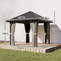 Outsunny 3 x 3(m) Hardtop Gazebo with Galvanised Steel Roof and Water Gutter, Waterproof Permanent Pavilion Garden Gazebo with Netting and Curtains for Patio, Deck, Black(m-3)
