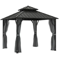 Outsunny 3 x 3(m) Hardtop Gazebo Canopy with Metal Roof, Waterproof Permanent Pavilion Garden Gazebo with Netting, Curtains, Grey(m-1)