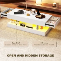 HOMCOM Coffee Table with Storage and 12 Colours LED Lights, Modern High-Gloss Rectangle Living Room Table with 2 Drawers & Open Shelf, 120 x 50 x 42 cm, White(m-5)