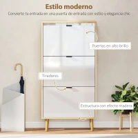 HOMCOM Zapatero Estrecho con 3 Puertas en Blanco Brillo Estantes Ajustables Patas de Madera para 18 Pares de Zapatos(m-4)