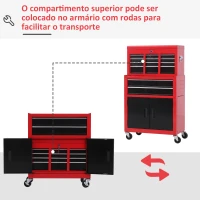 HOMCOM Carrinho de Ferramentas com Baú Superior 6 Gavetas Armário Fechadura e 4 Ganchos para Garagem 61,6x33x108 cm Vermelho(m-6)