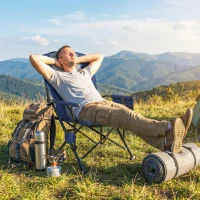 Outsunny Padded Camping Chair Adults Heavy Duty Folding Chair Side Pocket Cup Holder Carry Bag Outdoor Dark Blue(m-8)