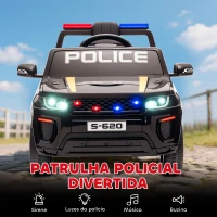 AIYAPLAY Carro Elétrico para Crianças de Polícia 12V com Motor Duplo Suspensão em 4 Rodas Sirene Faróis LED Porta USB Bluetooth e Música Preto(m-6)