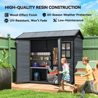 Outsunny 8 x 4 ft Resin Garden Shed, Wood-Effect Outdoor Storage Shed with Floor, Windows, Lockable Doors and Vents, Dark Grey(m-8)