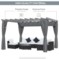 Outsunny 3.6 x 3m Outdoor Retractable Pergola with Curtains and Aluminum Frame, Garden Gazebo Canopy Sun Shade Shelter, Dark Grey(m-19)