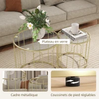 HOMCOM Lot de 2 tables basses gigognes rondes modernes avec cadre en métal et plateau en verre, ton doré(m-6)