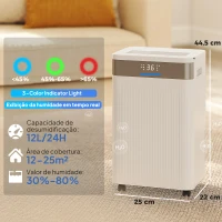 HOMCOM Desumidificador 12L/dia Silencioso com 3 Modos Ecrã LED Temporizador 24H Bloqueio Infantil e Drenagem Contínua 25x22x44,5 cm Branco(m-3)