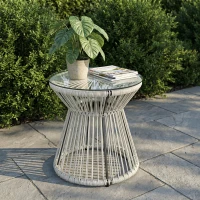 Outsunny Rattan Outdoor Coffee Table, PE Rattan Wicker Bistro Side Table with Tempered Glass Top, Light Grey(m-7)