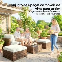 Outsunny Conjunto de Jardim Exterior em Rattan de 6 Peças com Cadeira de Canto, 2 Cadeiras sem Braços, Apoio para Pés e Mesa Castanha(m-4)