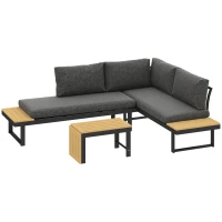 Outsunny 4 Seater L Shaped Aluminium Sectional Garden Furniture Set with 2 Loveseats and Wood-Plastic Coffee Table - Natural Wood(m-1)
