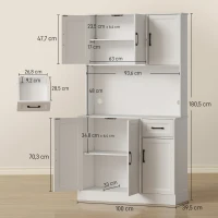 HOMCOM Küchenschrank, 180,5 cm, Vorratsschrank, Arbeitsfläche, Kabelloch, verstellbare Regale, MDF, Weiß(m-3)