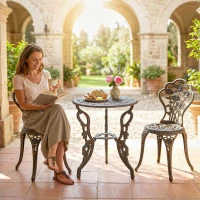 Outsunny Outdoor Bistro Set Vintage Rose Design Patio Furniture Set with Round Table and 2 Chairs Metallic Finish(m-8)