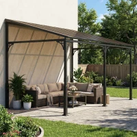 Outsunny 4 x 3 m Metal Lean-to Pergola, Wall-Mounted Garden Pergola with Polycarbonate Roof and Metal-Aluminium Frame, Heavy Duty Hardtop Gazebo for Outdoor Patios, BBQ, Brown(m-8)
