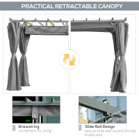 Outsunny 3.6 x 3m Outdoor Retractable Pergola with Curtains and Aluminum Frame, Garden Gazebo Canopy Sun Shade Shelter, Dark Grey(m-22)