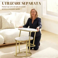 HOMCOM Set de 2 mese de cafea cu blat cu efect de marmură, din lemn și oțel, Ø50x50,5 cm și 60x36x43,5 cm, Alb(m-4)