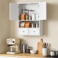 kleankin Armadietto Pensile Bagno a 2 Ante con Ripiano Aperto e 2 Cassetti in Legno, Bianco(m-9)