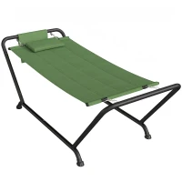 Outsunny Hamac de Exterior cu Suport, Hamac Autoportant cu Buzunar Lateral, Tetieră și Structură din Metal, Capacitate 150 kg pentru Grădină, Balcon, Terasă, 237 x 90 x 92 cm, Verde Întunecat(m-10)