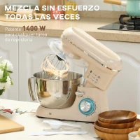 HOMCOM Batidora Amasadora 4,5L 1300W 6 Velocidades Bol de Acero Inoxidable Batidor Gancho Varilla Beige(m-4)