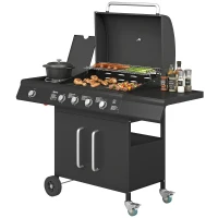 Outsunny 4+1 Burner Gas BBQ Grill with Storage Cabinet, 15.2 kW Gas Barbecue Trolley with Side Table, 4 Wheels, Warming Rack(m-11)