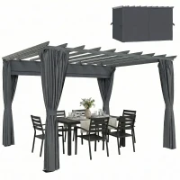 Outsunny 3.6 x 3 m Pergola with Retractable Roof Canopy, Curtains, Aluminium Garden Pergola Gazebo Sun Shade Shelter, Dark Grey(m-11)