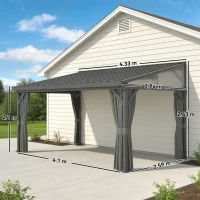 Outsunny 4.3 x 3 m Garden Pergola with Galvanised Steel Roof, Lean to Pergola Gazebo with Netting Curtains, Dark Grey(m-3)