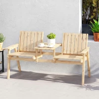 Outsunny 2-Seater Garden Loveseat with Table and Parasol Hole for Porch, Patio, Natural Wood Finish(m-8)