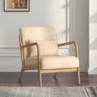 HOMCOM Fauteuil lounge - 3 coussins inclus - assise profonde - accoudoirs - structure bois hévéa - aspect velours beige(m-6)