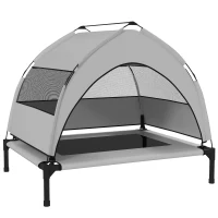 PawHut Hondenbed buiten met dak, verhoogd hondenbed voor middelgrote honden, met stalen frame, 76x61x70cm, lichtgrijs(m-1)