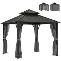 Outsunny 3 x 3(m) Hardtop Gazebo Canopy with Metal Roof, Waterproof Permanent Pavilion Garden Gazebo with Netting, Curtains, Grey(m-10)