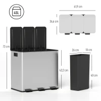 HOMCOM Kosz na śmieci z 3 x 20 L komorami, pokrywami na odświeżacze, odporny na odciski palców, z funkcją Soft-Close, wyjmowalny, srebrny(m-3)