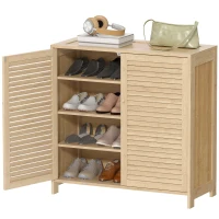 HOMCOM Meuble à chaussures en bambou 14 paires, armoire à chaussures avec portes persiennes et étagères réglables, bois naturel(m-1)