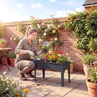 Outsunny Raised Planter, Metal Raised Garden Bed on Legs with Drainage Hole and Foot Covers, Black(m-8)