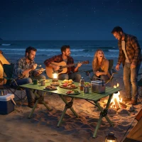 Outsunny Table de camping pliante 116 cm, table de pique-nique imperméable avec plateau enroulable et structure métallique, Vert(m-5)