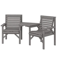 Outsunny Wooden Garden Bistro Set, 2 Seater Wooden Outdoor Table and Chairs with Parasol Hole for Patio, Light Grey(m-11)