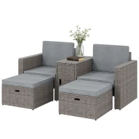Outsunny 5 Piece Rattan Garden Furniture Set with Storage Table, Footstools, Cushions, Dark Grey(m-11)