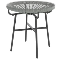 Outsunny Rattan Side Table, Round Outdoor Coffee Table, with Round PE Rattan and Tempered Glass Tabletop, Light Grey(m-11)