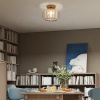 HOMCOM Plafonieră LED Modernă și Minimalistă cu Structură Tip Cușcă și 18 Cristale, din Metal Auriu, Ø27x19 cm(m-7)