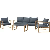 Salon bas de jardin en aluminium effet bois avec coussins - 5 personnes - PUERTO - Gris(m-4)