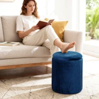 HOMCOM Storage Ottoman Modern Velvet Round Foot Stool for Living Room Bedroom 45 cm Blue(m-9)