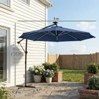 Outsunny 3 m Garden Cantilever Parasol with LED Solar Light, Round Overhanging Umbrella with 360° Rotation, Cover, Navy Blue(m-3)