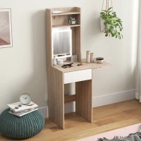 HOMCOM Small Vanity Desk with Mirror and LED Lights, Compact Dressing Table with Drop Leaf, Open Shelves, Natural Wood(m-8)