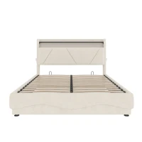 Lit rembourré avec tête de lit LED et coffre de rangement, sommier à lattes à vérin à gaz, sans matelas, 160x200 cm, Beige(m-9)