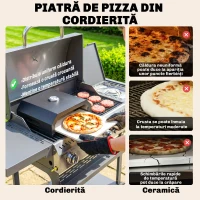 Outsunny Mini Cuptor pentru Pizza din Metal cu Piatră din Cordierit și Termometru Integrat, 53x40x18,5 cm, Negru(m-5)