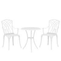Outsunny 3 Pieces Garden Bistro Set, Cast Aluminium Outdoor Dining Set with 2 Chairs and Round Table with Parasol Hole, White(m-1)