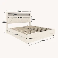 Lit rembourré avec tête de lit LED et coffre de rangement, sommier à lattes à vérin à gaz, sans matelas, 160x200 cm, Beige(m-3)