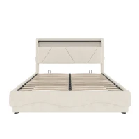 Lit rembourré avec tête de lit LED et rangement, sommier à lattes avec vérins à gaz, sans matelas, 140x200 cm, Beige(m-6)